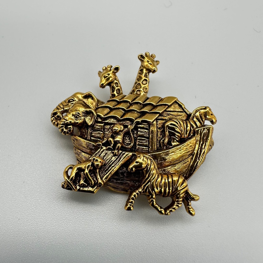 Avon Noahs Ark Brooch Gold Tone Animal Religious Pin Vintage Accessory